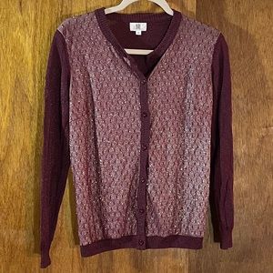 YAL New York Burgundy Sparkly Metallic Cardigan Sweater Sz M